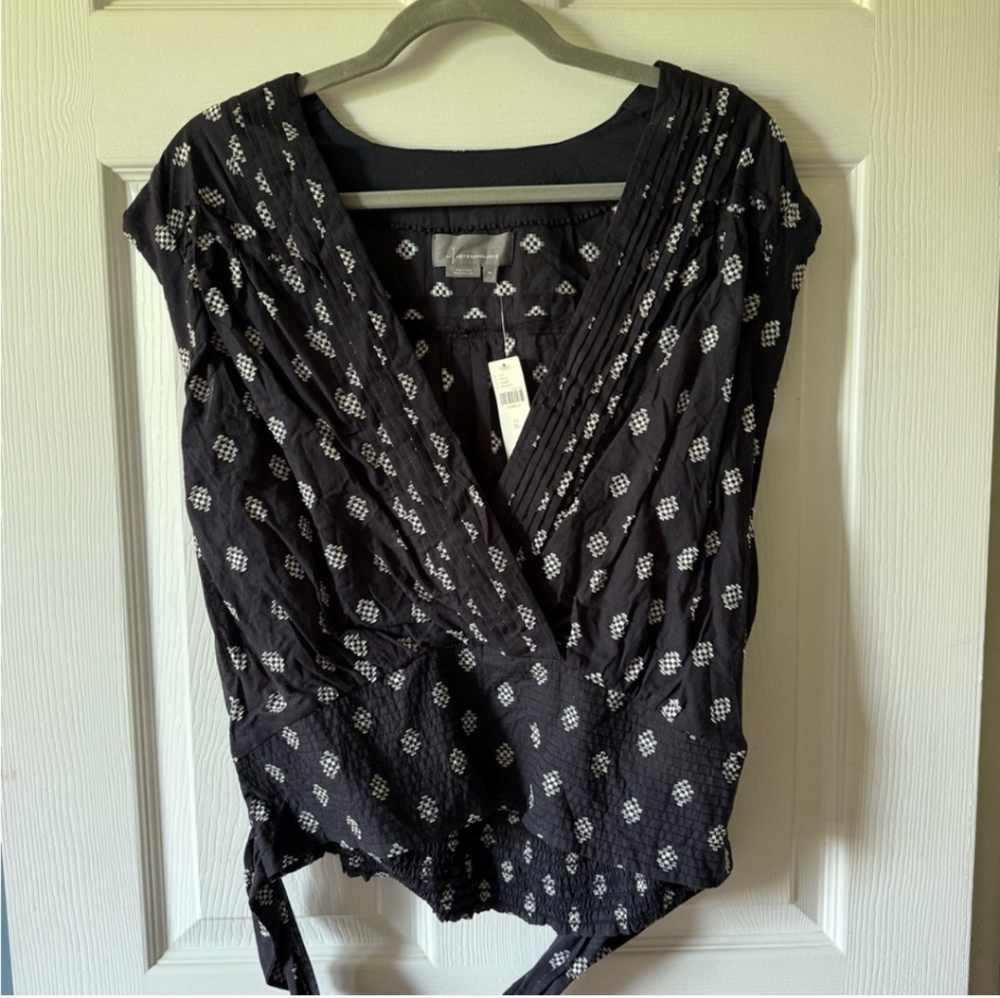Anthropologie Black and White Wrap Blouse with Tie Front